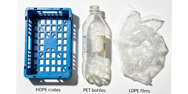 HDPE crates, PET bottles, and LDPE films